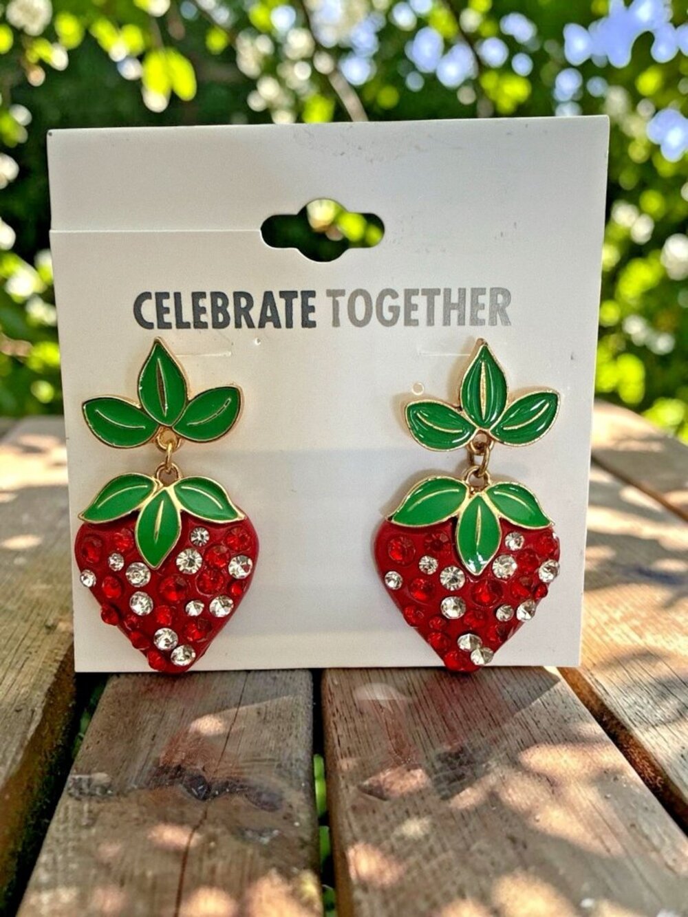 Celebrate Together 1 9/16" Gold Tone/Red/Green/Clear Strawberry Earrings-NWT